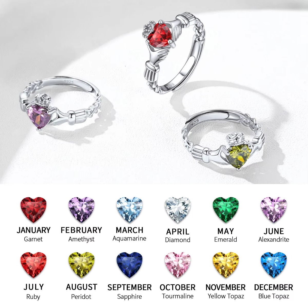 Anillos Claddagh de plata U7 d - Birthstone Ring Set reseña y precio